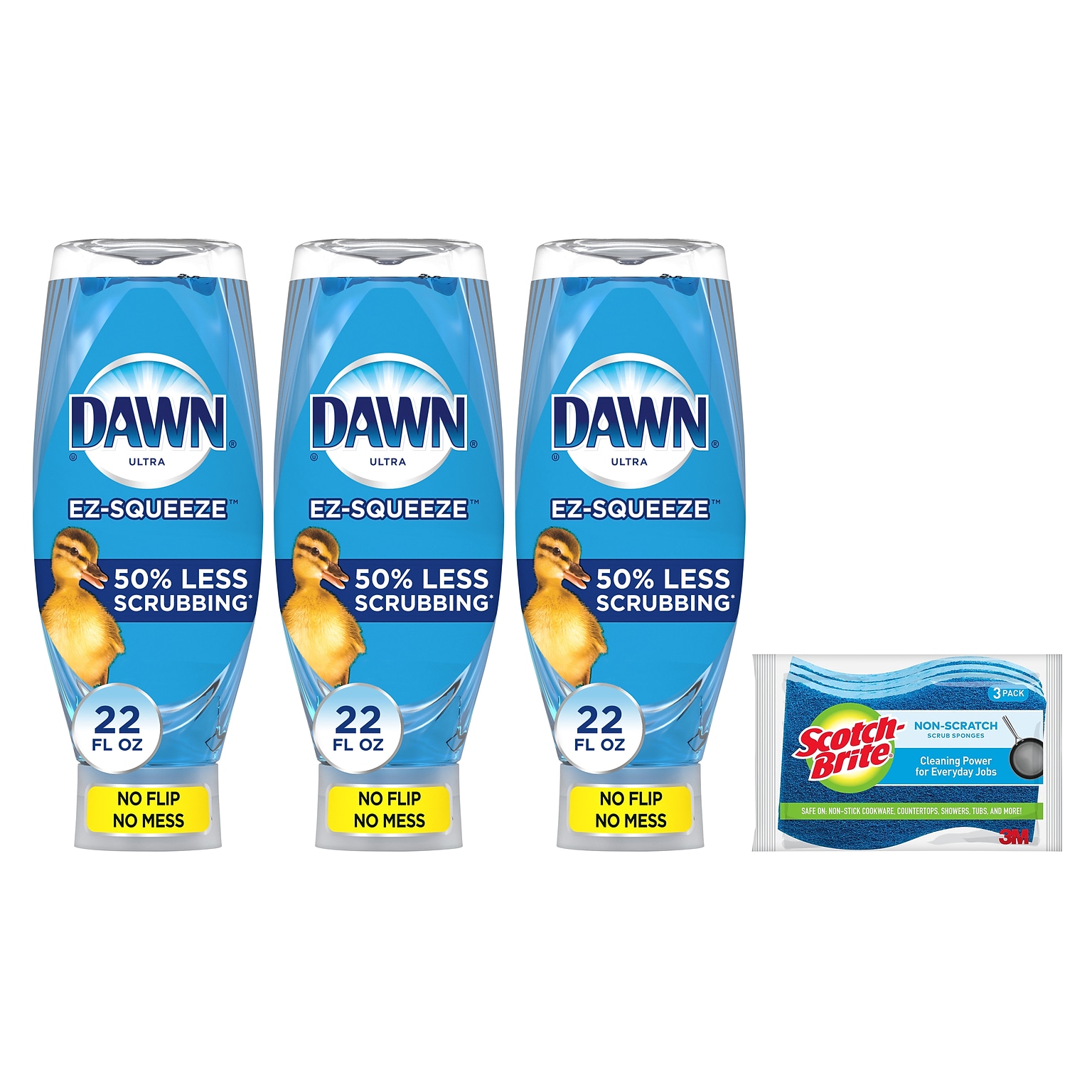 Dawn Ultra EZ-SQUEEZE Dish Soap, 22 oz, 3/Pack with Scotch-Brite Non-Scratch Scrub Sponge 3/Pack
