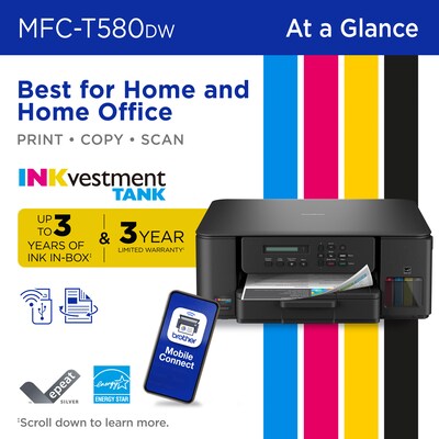 Brother INKvestment Tank MFC-T580DW Wireless Color All-In-One Supertank Inkjet Printer, Best for Home Office