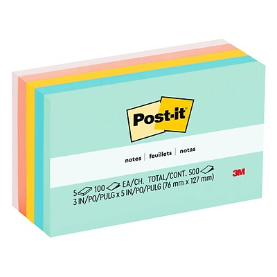 Post-it® Notes, 3 x 5, Beachside Café Collection, 100 Sheets/Pad, 5 Pads/Pack (655-AST)