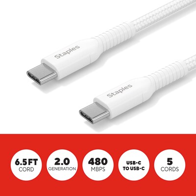 Staples TECH USB-C to USB-C Charging Cable, 6.5 ft., White, 5/Pack (ST62315)
