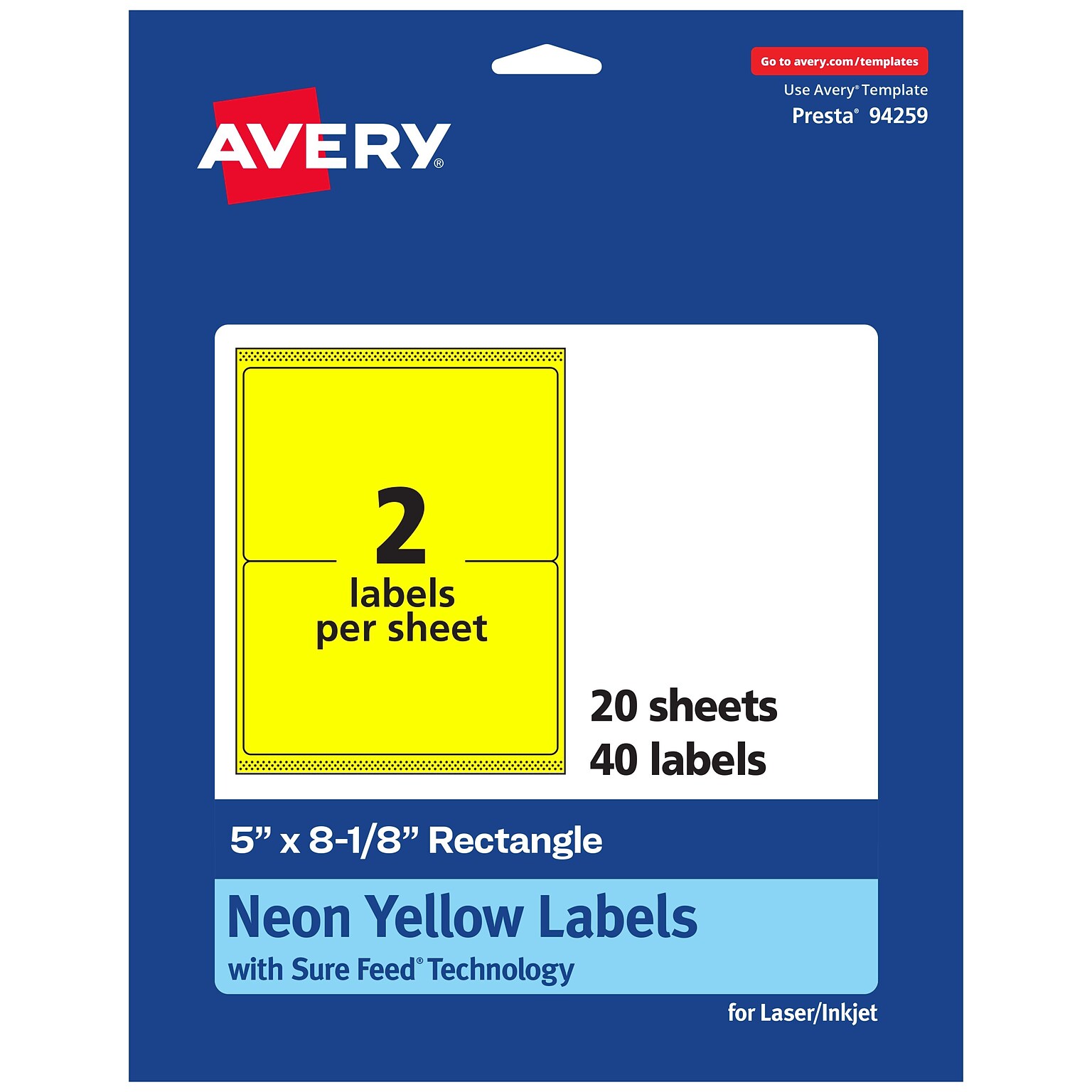 Avery Rectangle Multipurpose Labels, 5 x 8-1/8, Neon Yellow, 40/Pack (94259)