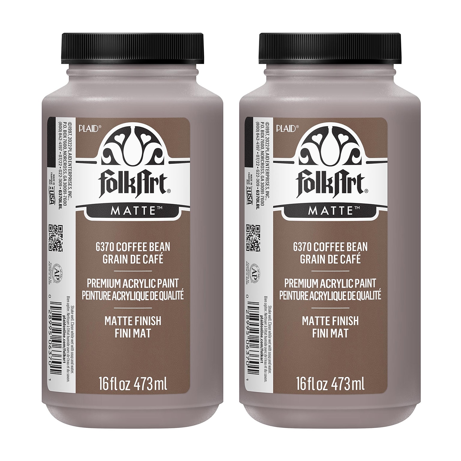 FolkArt Acrylic Paint Matte, 16oz., Coffee Bean, 2/Pack (FLK6370-2)