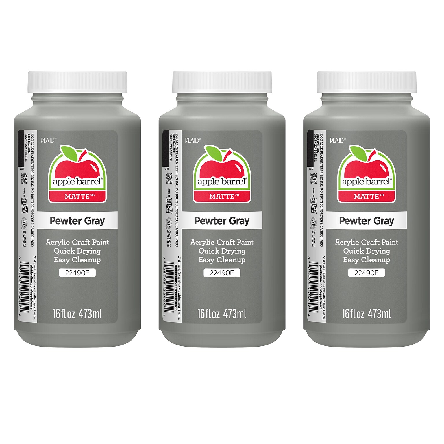 Apple Barrel Acrylic Paint Matte, 16oz., Pewter Gray, 3/Pack(APP22490E-3)