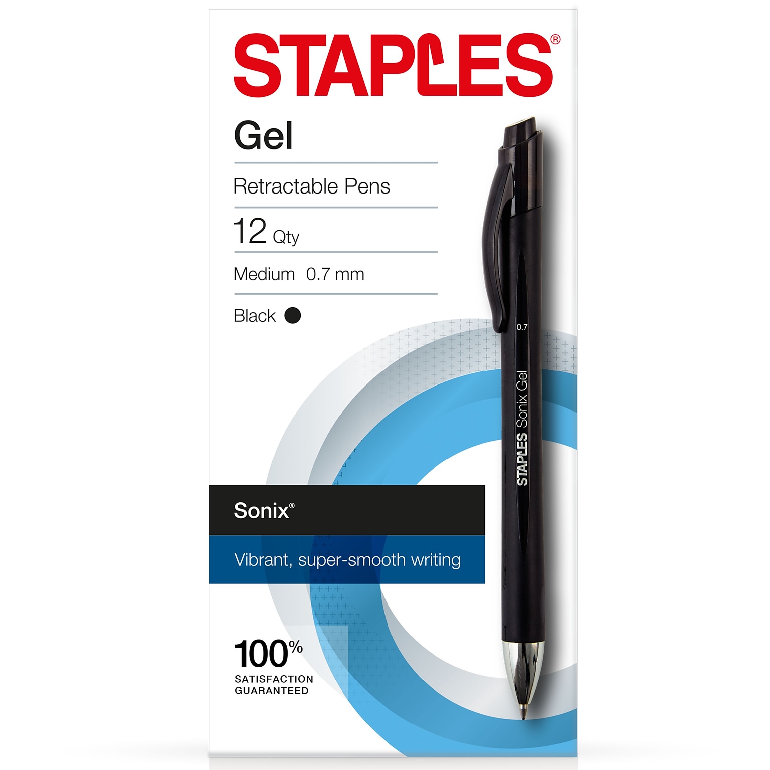 Staples Sonix Retractable Gel Pens, Medium Point, 0.7mm, Black Ink, Dozen (13561-CC)
