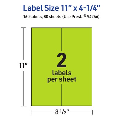 Avery Laser/Inkjet Multipurpose Rectangle Labels, 11" x 4.25", Bright Green, 160/Box (94266)