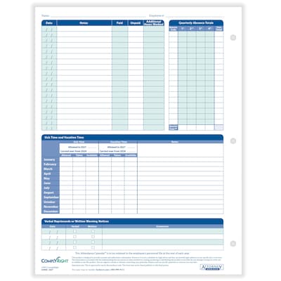 ComplyRight 2027 Attendance Calendar Card, 25 Forms/Pack (A4000W25)