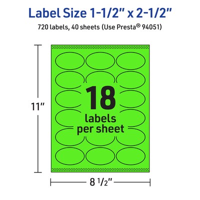 Avery Laser/Inkjet Multipurpose Oval Labels, 1.5" x 2.5", Neon Green, 720/Pack (94051)