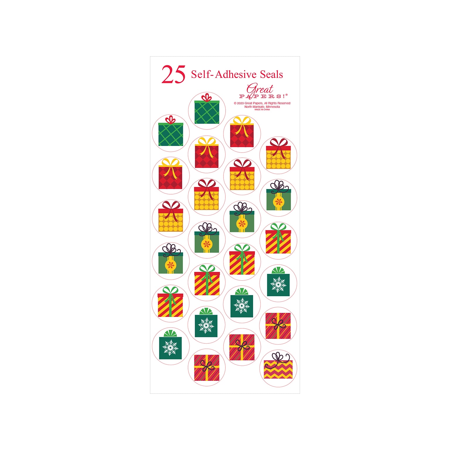 Great Papers Presents Holiday Seals, Assorted Colors, 25/Pack (2023056)