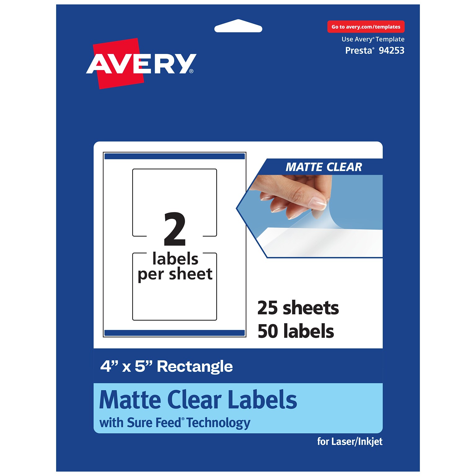 Avery Laser/Inkjet Rectangle Multipurpose Labels, 4 x 5, Clear, 50/Pack (94253)