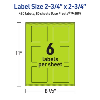 Avery Laser/Inkjet Multipurpose Square Labels, 2.75" x 2.75", Bright Green, 480/Box (94109)