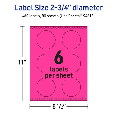 Avery Round Laser/Inkjet Multipurpose Labels, 2.75" Dia, Neon Magenta (480/Box)