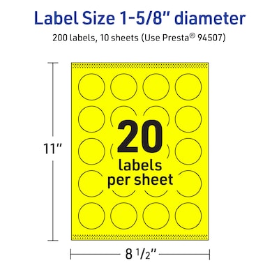 Avery Round Laser/Inkjet Multipurpose Labels, 1-5/8" Dia, Neon Yellow (200/Pack)