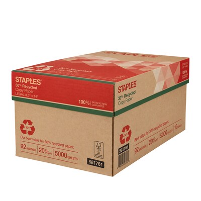 Staples 30% Recycled 8.5-Inch x 14-Inch Copy Paper 20 lb 92 Bright 500/Ream 10 Ream/Count