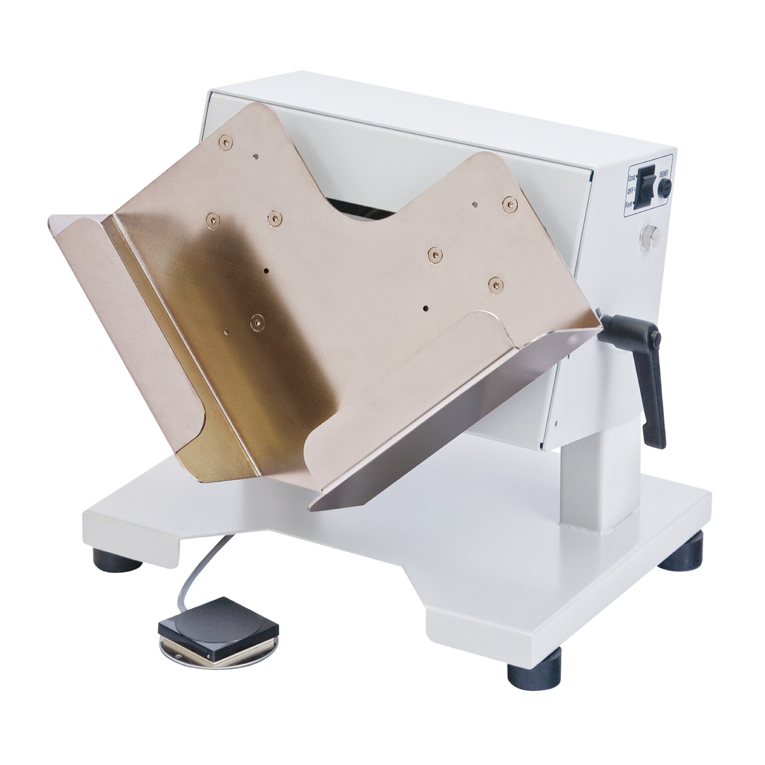 MBM JT7 Tabletop Paper Jogger, 4” Deep V-Tray, Foot Pedal & Continuous Mode, Adjustable Tilt, White (JO0796)