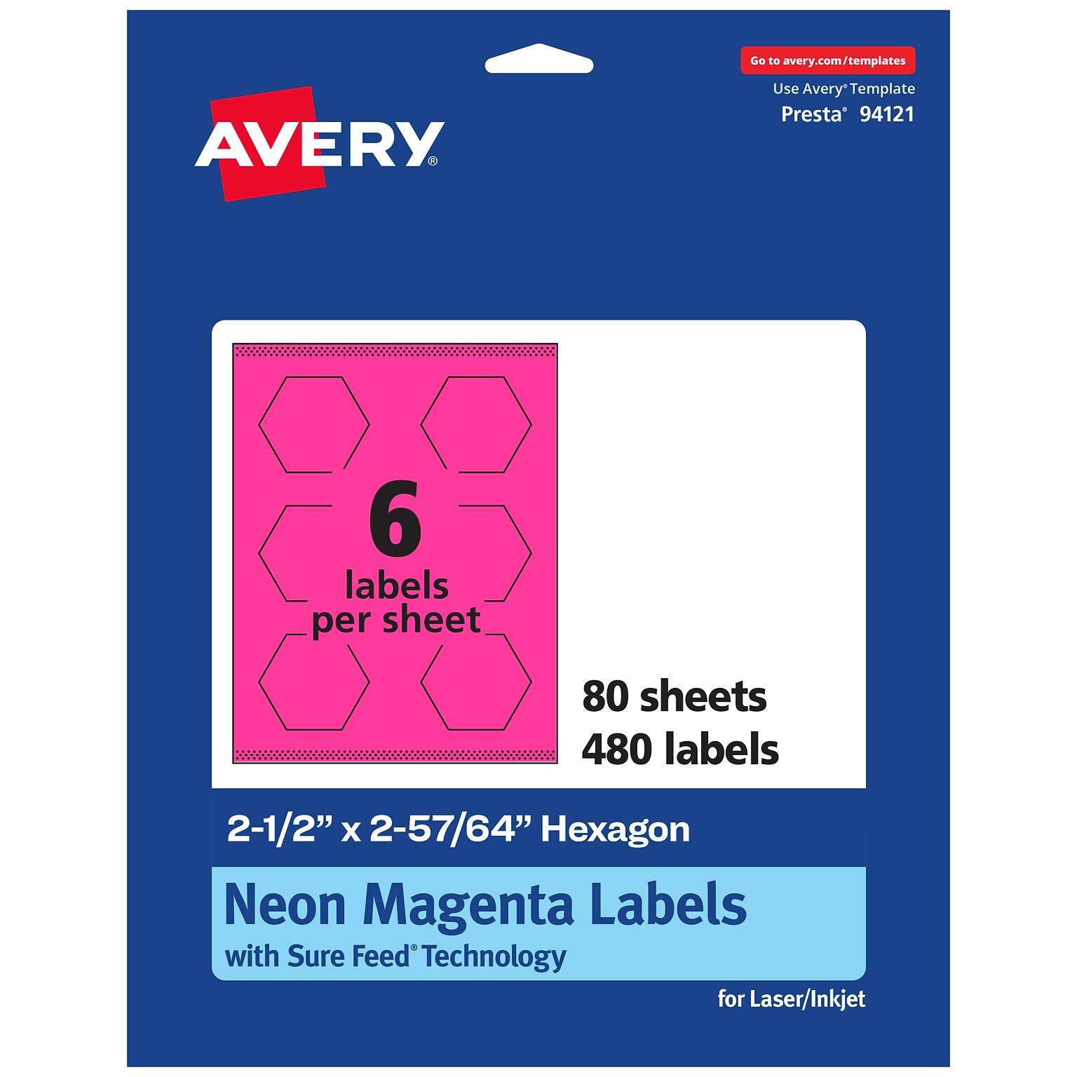 Avery Hexagon Laser/Inkjet Multipurpose Labels, 2-1/2 x 2-57/64, Neon Magenta (480/Box)
