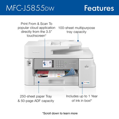Brother INKvestment Tank MFC-J5855DW Wireless Color Inkjet Printer, All-In-One Supertank, Print, Scan, Copy, Fax