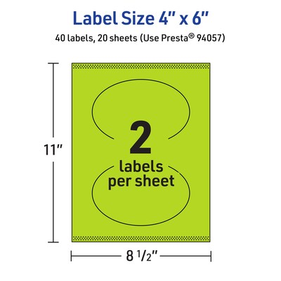 Avery Printable Oval Multipurpose Labels, 4" x 6", Bright Green, 40/Pack (94057)