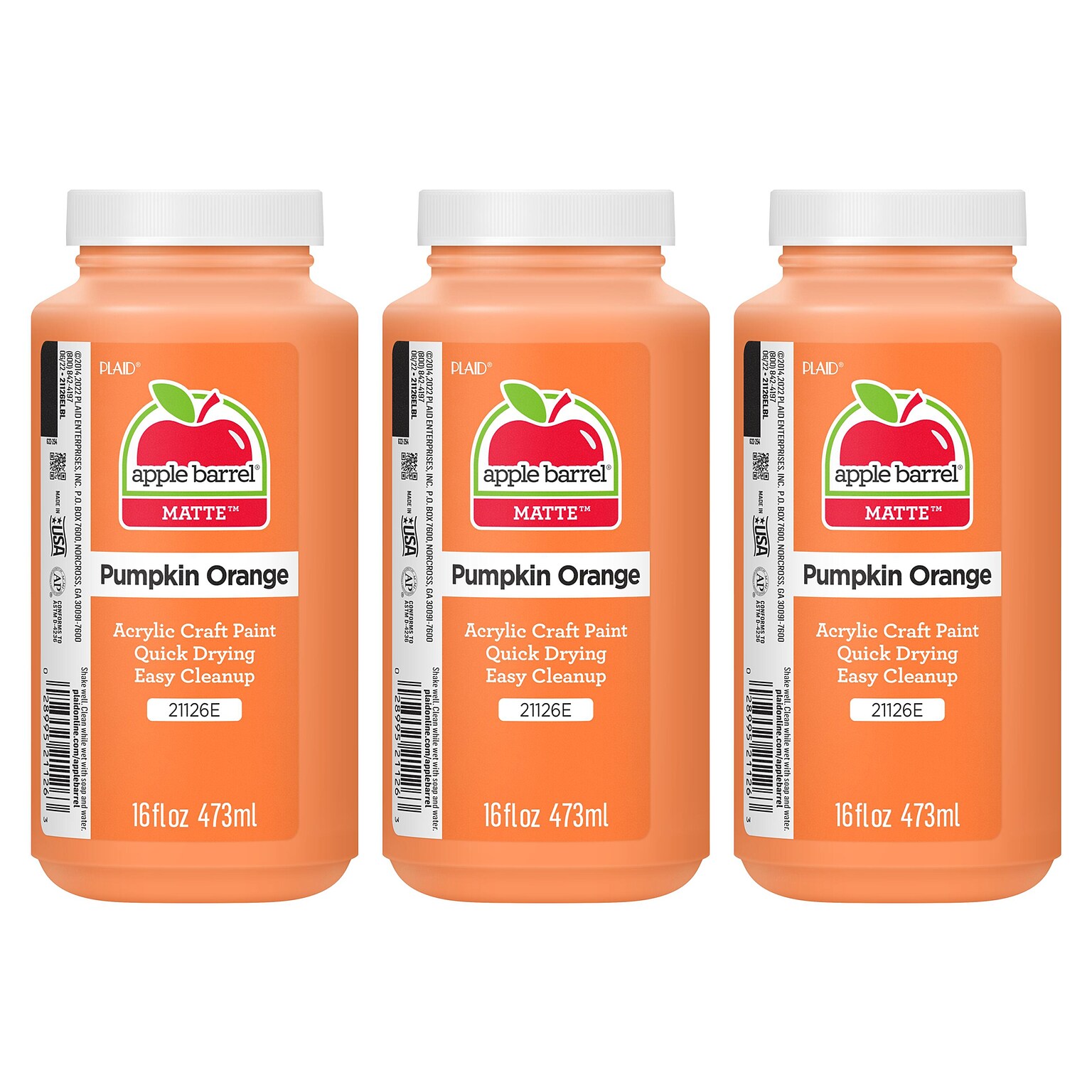 Apple Barrel Acrylic Paint Matte, 16oz., Pumpkin Orange, 3/Pack (APP21126E-3)