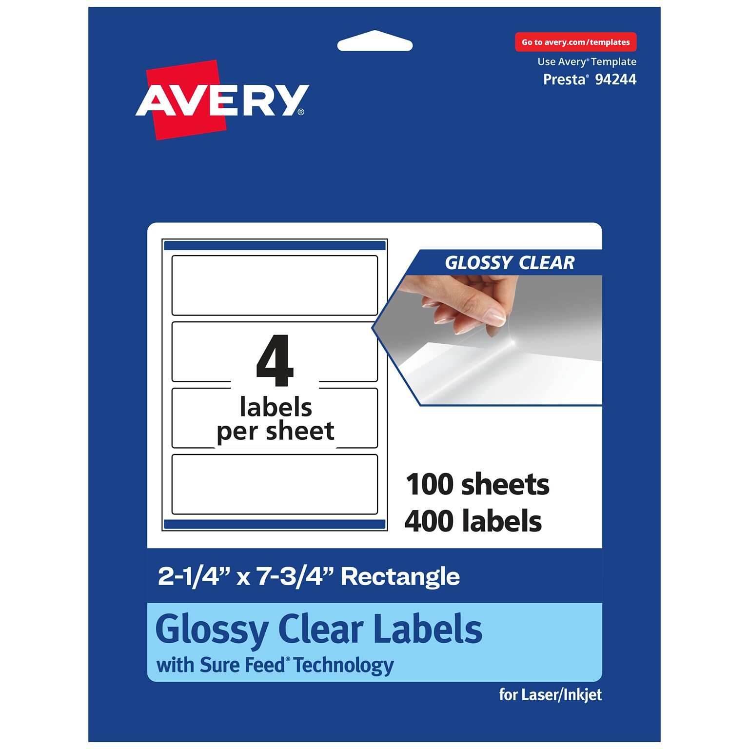Avery Laser/Inkjet Multipurpose Labels, 7.75 x , Glossy Clear, 400/Box (94244)