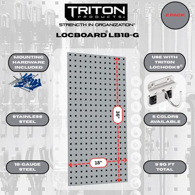 Triton Products LocBoard 18 x 36 x 9/16 Steel Square Hole Pegboards, 2/Set (LB18-G)