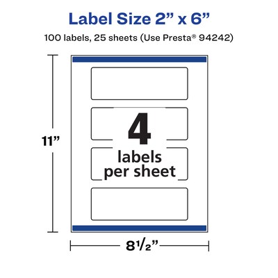 Avery Laser/Inkjet Rectangle Multipurpose Labels, 2" x 6", White, 100 Labels/Pack (94242)