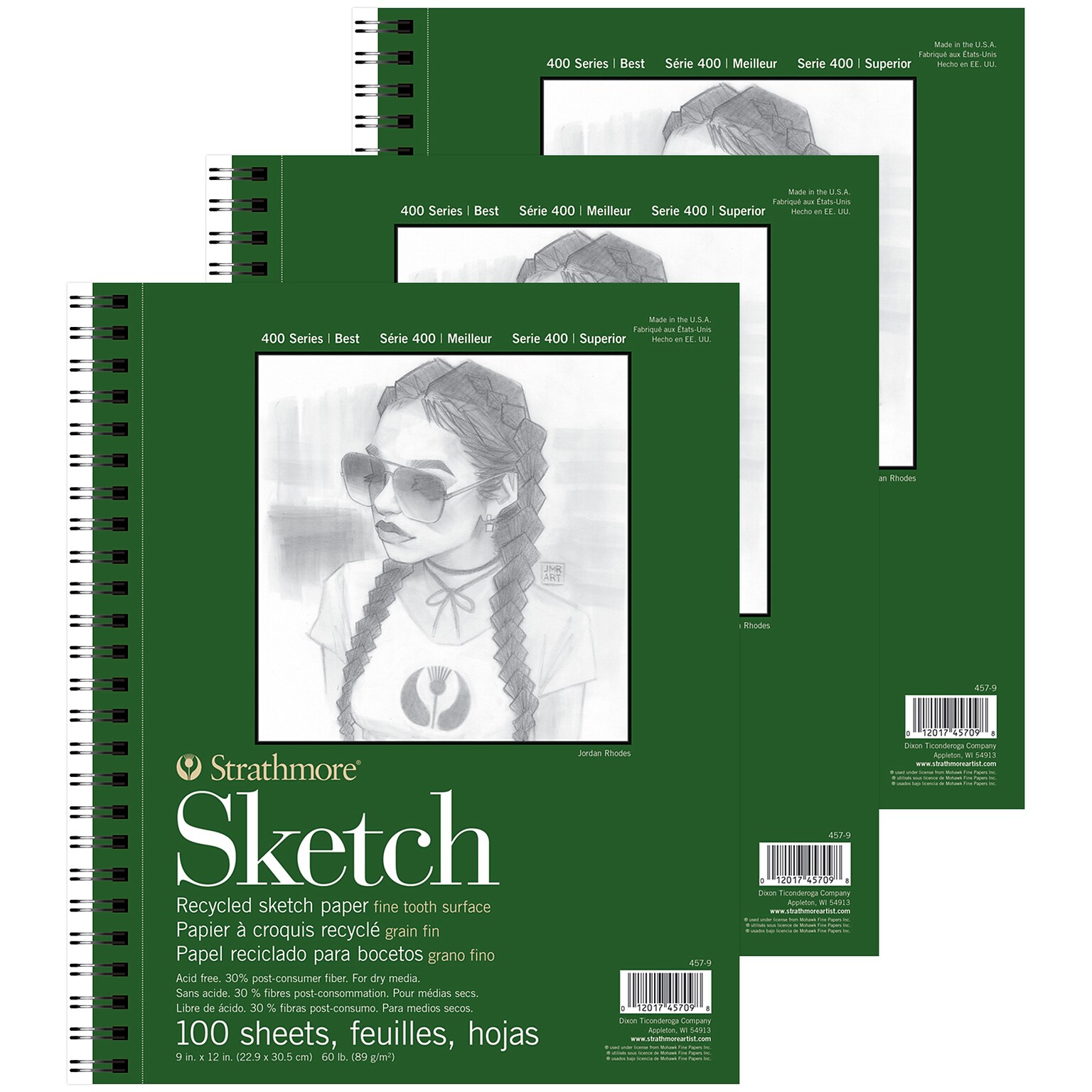 Strathmore 400 Series 9 x 12 Wire Bound Sketch Pad, 100 Sheets/Pad, 3/Bundle (STTP457903-3)