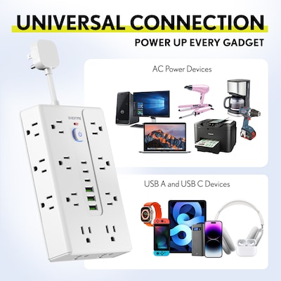 Overtime OS70 22-in-1 Multi-Port Power Strip with 16 AC Outlets, 3 USB-A & 3 USB-C Ports, White (OADOS70)