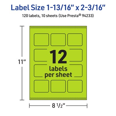 Avery Rectangle Multipurpose Labels, 1-13/16" x 2-3/16", Bright Green, 120/Pack (94233)