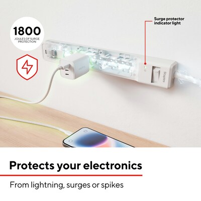 Staples TECH 6-Outlet 2-USB Port Surge Protector, 6', 1800 Joules, White (ST62777)