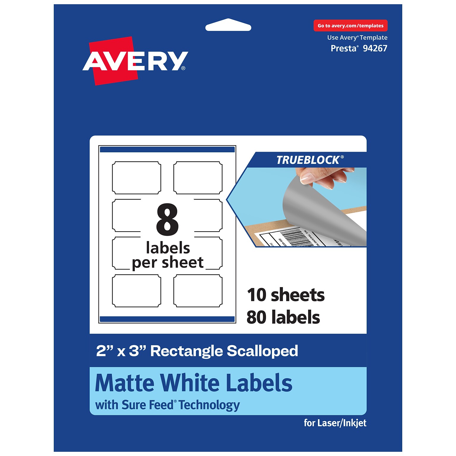 Avery TrueBlock Laser/Inkjet Decorative Edge Multipurpose Labels, 2 x 3, White, 80/Pack (94267)