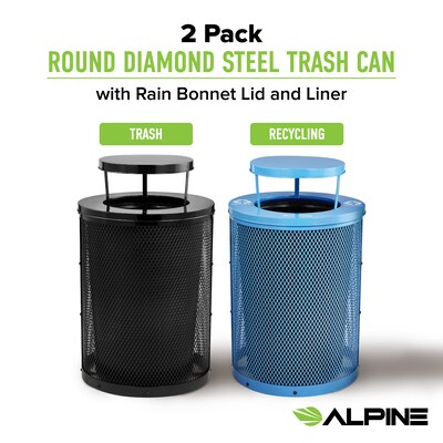 Alpine Industries 4460 Steel Mesh Trash & Recycling Bin Combo with Rain Bonnet Lid, 36 Gallon, Black/Blue (ALP4460-01-F)