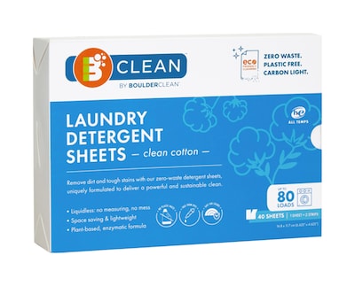 Boulder Clean Laundry Detergent Sheets, Clean Cotton, 40/Pack, 12 Packs/Carton