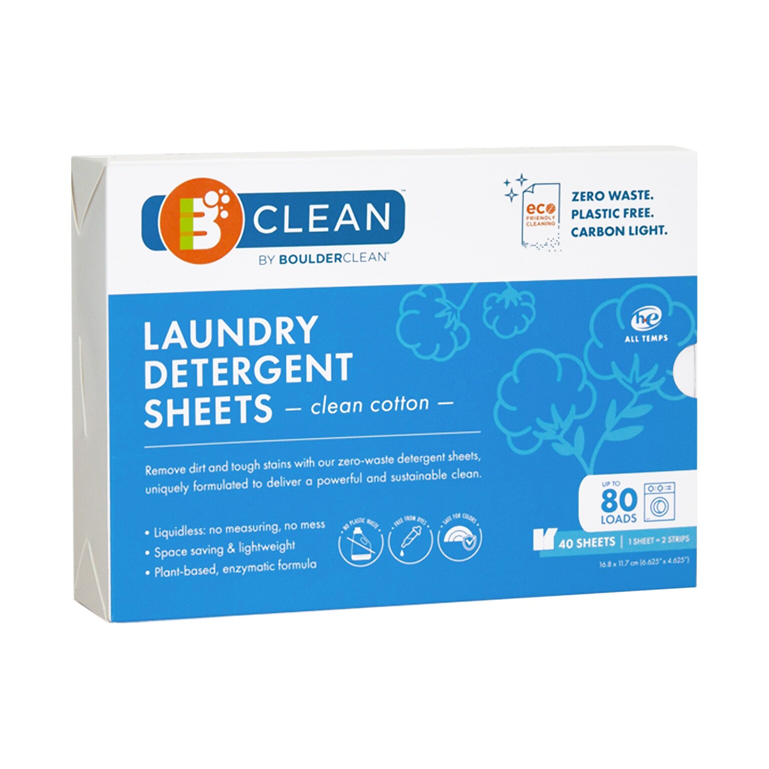 Boulder Clean Laundry Detergent Sheets, Clean Cotton, 40/Pack, 12 Packs/Carton