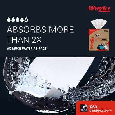 WypAll GeneralClean X60 Fabric Cleaning Wipers, 16.8" x 9.1", White, 118 Wipers/Box (34790)