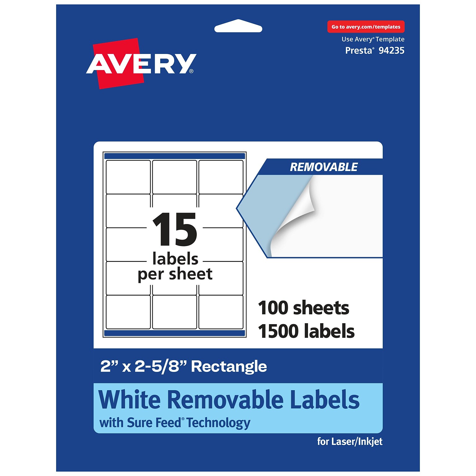 Avery Laser/Inkjet Rectangle Multipurpose Labels, 2 x 2.625, White, 1500 Labels/Box  (94235)