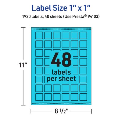 Avery Laser/Inkjet Multipurpose Square Labels, 1" x 1", Bright Blue, 1920/Pack (94103)