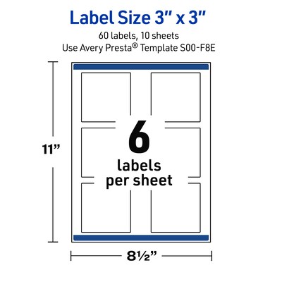 Avery Laser/Inkjet Square Multipurpose Labels, 3" x 3", White, 60/Pack (S00-F8E)