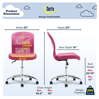 Serta Essentials Armless Ergonomic Bonded Leather/Mesh Swivel Task Chair, Pink (48740E)