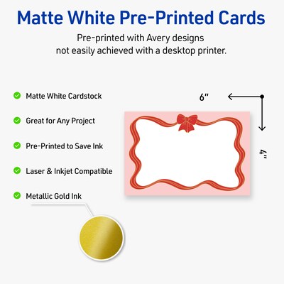 Avery Gold-Pink Bow Matte Blank Card, White, 20/Pack (S00-FFF)