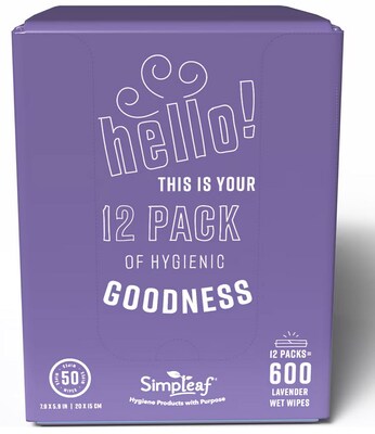 Simpleaf Lavender Scented Flushable Wipes, 50 Single Wipes/Box, 12 Packs/Box (S-012-12pack)