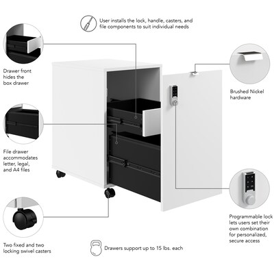 Bush Business Furniture Assure Mobile File Cabinet, Letter/Legal Size, Lockable, 26"H x 16"W x 20"D, White (AUS216WHSU)