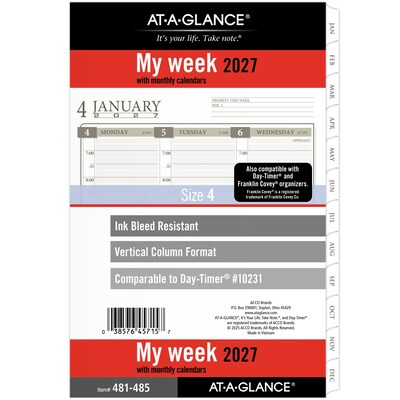 2027 AT-A-GLANCE 8.5 x 5.5 Weekly & Monthly Planner Refill, White/Brown (481-485-27)