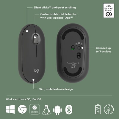 Logitech Pebble 2 M350s Wireless Ambidextrous Optical Mouse, Tonal Graphite (910-007024)