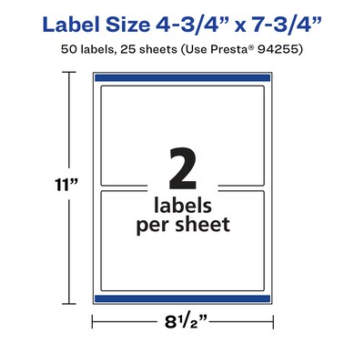Avery Laser/Inkjet Multipurpose Labels, 7.75" x ", Glossy White, 50/Pack (94255)