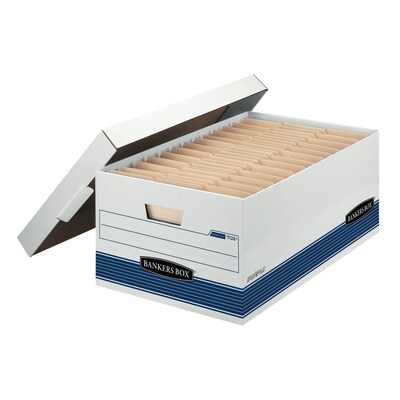 Bankers Box Medium-Duty FastFold Corrugated File Storage Boxes, 24 Lift-Off Lid, Legal Size, White/Blue, 12/Carton (00702)
