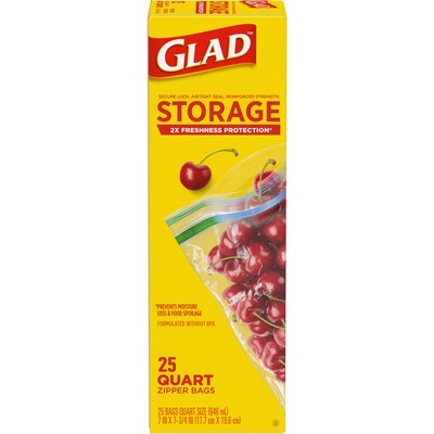 Glad Zipper Storage Bags, Quart, 25 Bags/Box (55052)
