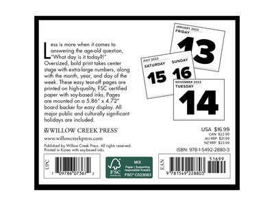 2023 Willow Creek Big Day 5.4 x 6.2 Day-to-Day Calendar, Black/White (28803)