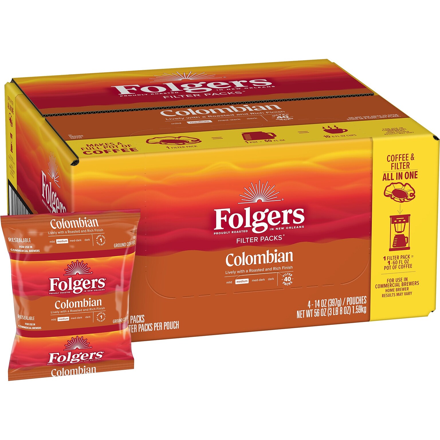 Folger Colombian Ground Coffee Filter Pack, Medium Roast, 1.4 oz., 40/Carton (SMU10107)