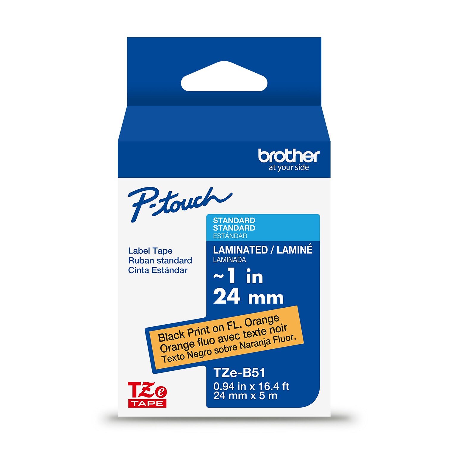 Brother P-touch Laminated Label Tape, ~1 x 16.4, Black on Fluorescent Orange (TZeB51)