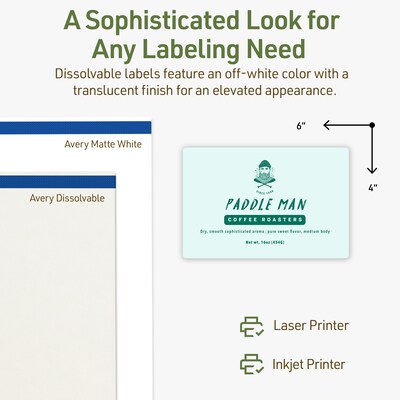 Avery Dissolvable Rectangle Multipurpose Labels, 4" x 6", Off-white, 50/Pack (94278)